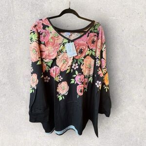 LulaRoe Elizabeth V-neck Long Sleeve 3XL Black Pink Floral Print NWT